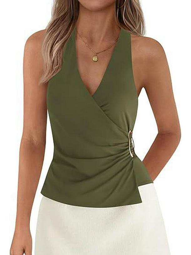 European & American Women's Sleeveless V-neck Halter Backless Top - Solid Color, Sexy Summer Style
