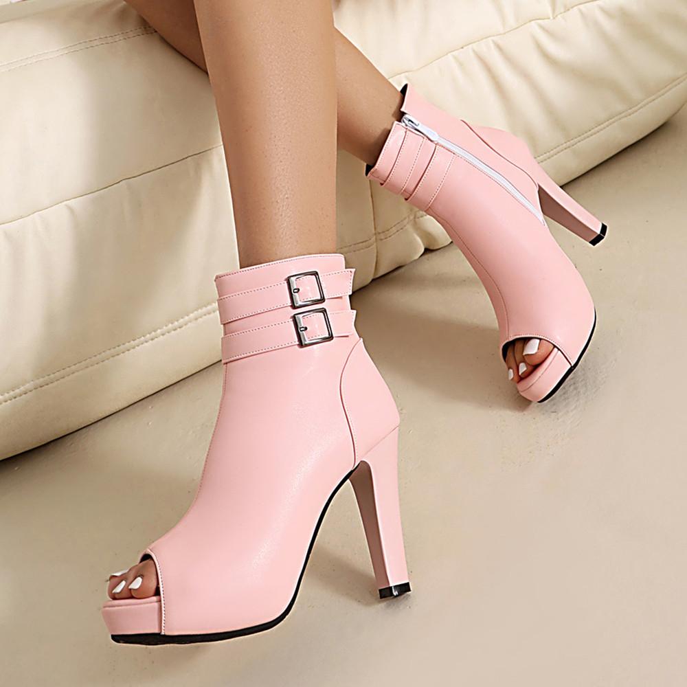 Fashion Fashion Women Platform Ankle Boots Sexy Peep Toe High Heel Boots Pumps Female Buckle Zipper Summer Boots Black White Pink 32-43
