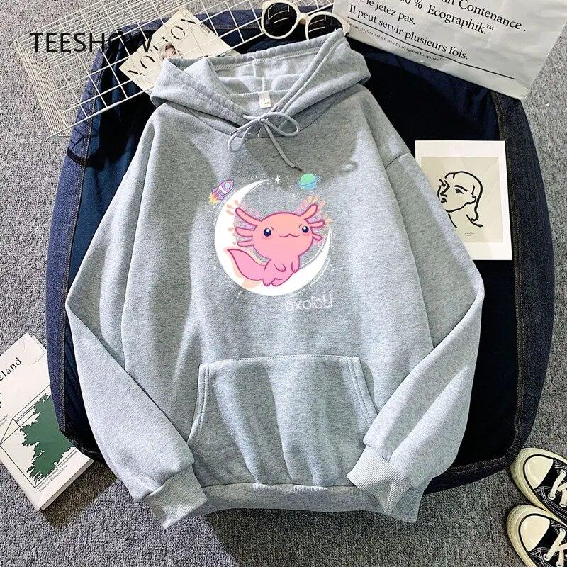 Space Axolotl Kawaii Hoodies Pastel Goth Japan Anime Comic WoUnisex Hoody Hooded Sweatshirt Fleece Warm Streetwear Unisex Clothes