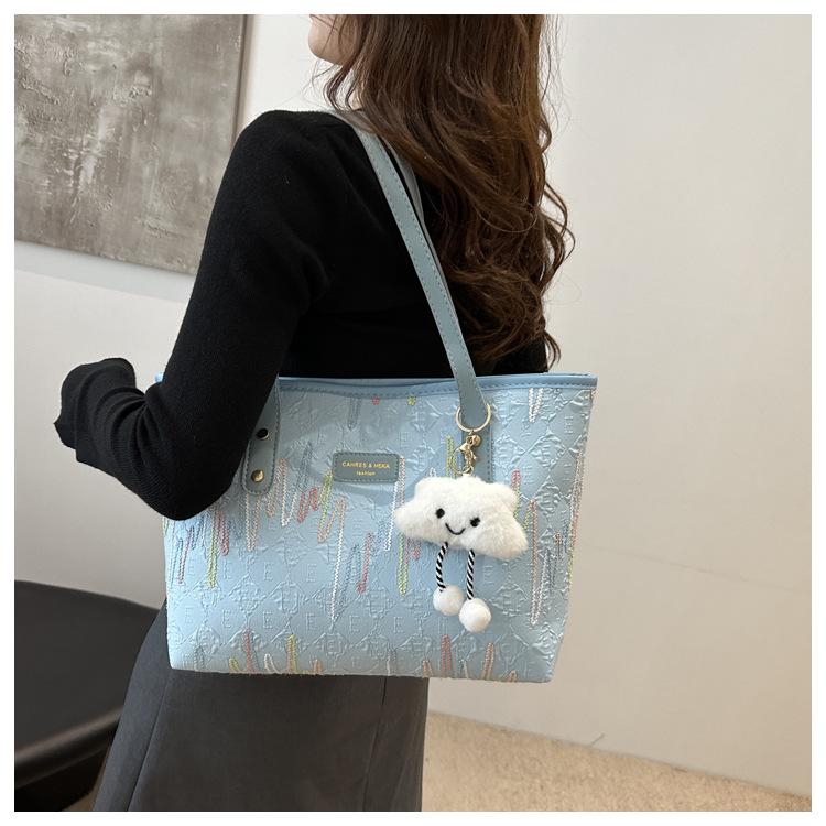 Women's Canvas Tote Bag with Embroidery, Large Capacity Casual Shoulder Bag for School and Work, Striped Design with Cloud Charm