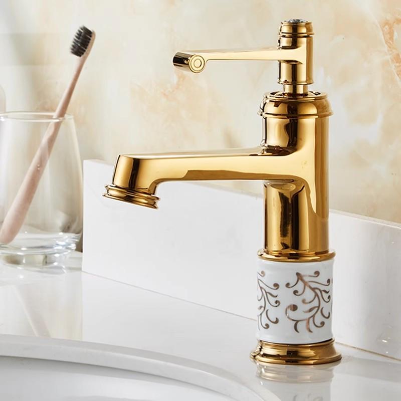 Gold Bathroom Faucet Brass and Ceramic Rose Gold Basin Faucet Deck Mounted Bathroom Water Tap Hot & Cold Mixer Tap Sink Faucet