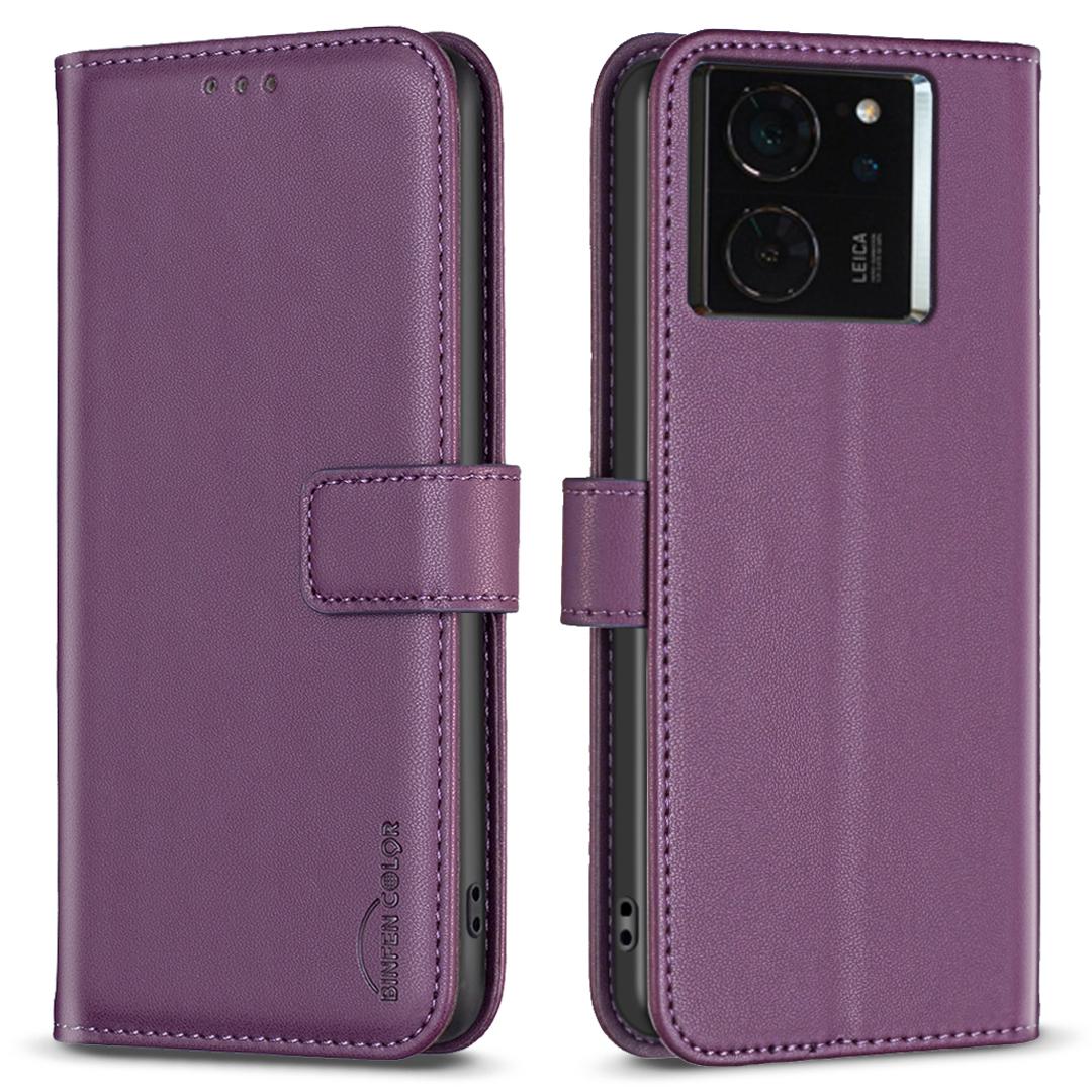 

BINFEN COLOR BF17 For Xiaomi 14T Case Wallet Folio Flip Leather Phone Cover Dark Purple