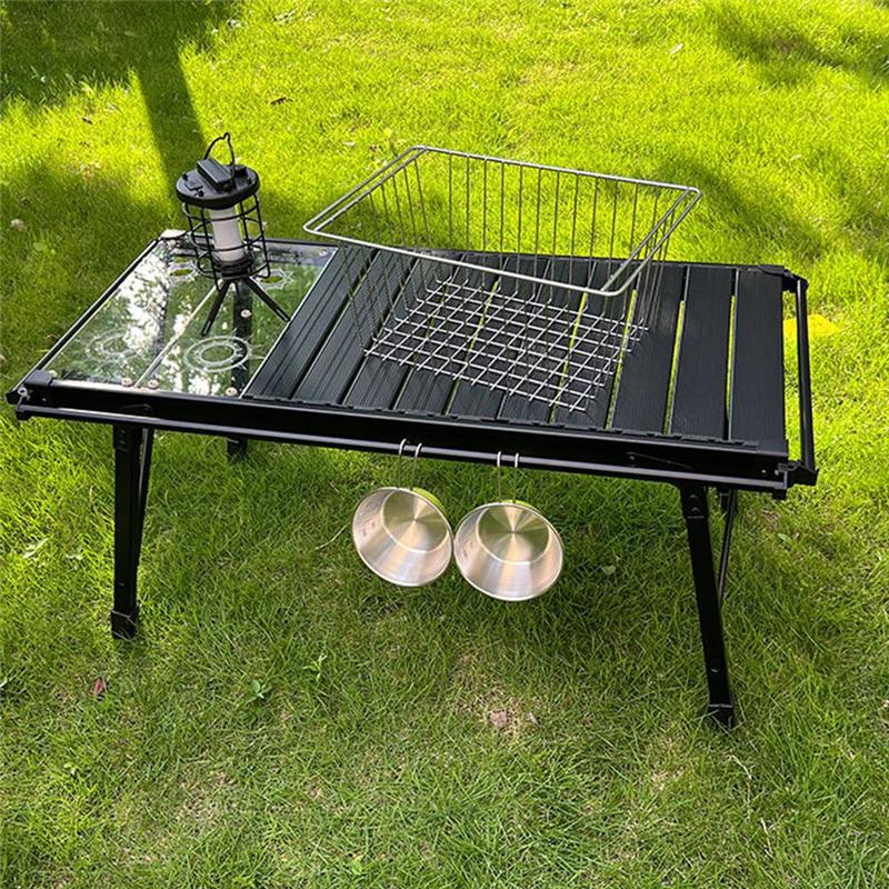 ABBP-Camping Storage Basket For Table Side Expansion Rack Stainless Steel Drain Basket Multifunctional Folding серебряный