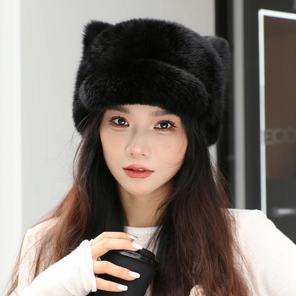 

Новий стиль Жіноча шапка з хутра кролика з милими вушками Шапка для дівчат Зимові теплі справжні теплі товсті шапки з натурального хутра кролика Adjustable 52cm-60cm чорний