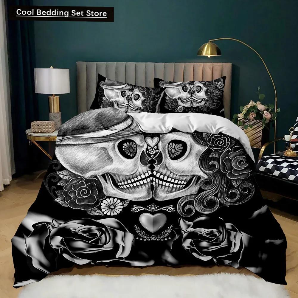 Totenkopf Bettbezug Set Rose Twin Skelett Kuss Bettbezug Teens Gothic Skelett Doppel Queen King Size Polyester Bettbezug