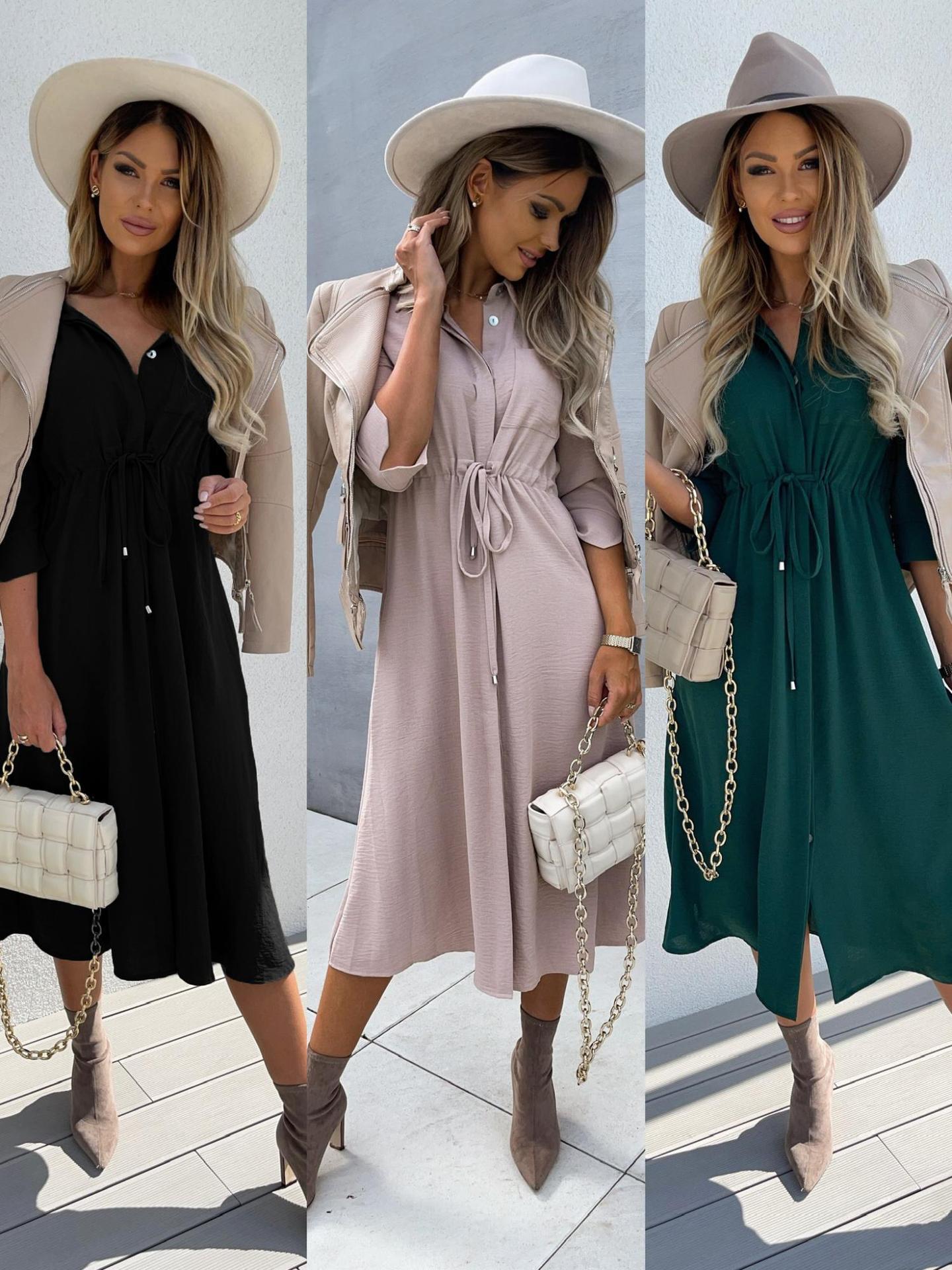 

2021 New Fashion Solid Color Tie-Up Mid-Sleeve Dress Large чёрный