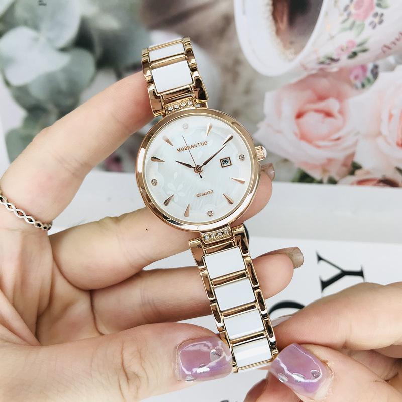 White Ceramic Women'S Watch Women'S Simple Fritillary Face Calendar Fashionable High-End Niche Light Luxury Women'S Watch