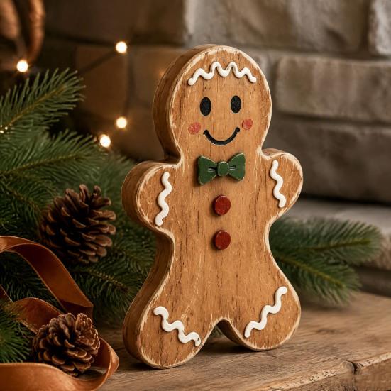 Christmas Village Gingerbread House Wooden Man Decor, Rustic Gingerbread, Candy Cane Figurines, Xmas Reusable Seasonal Home Decor Tabletop Ornaments