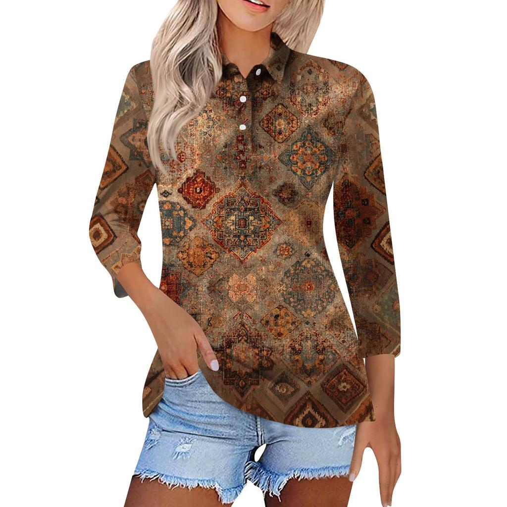 Damska Moda Casual Klapa Krótki Rękaw 3/4 Koszula z Nadrukiem Damskie Bluzki Zapinane na Guziki