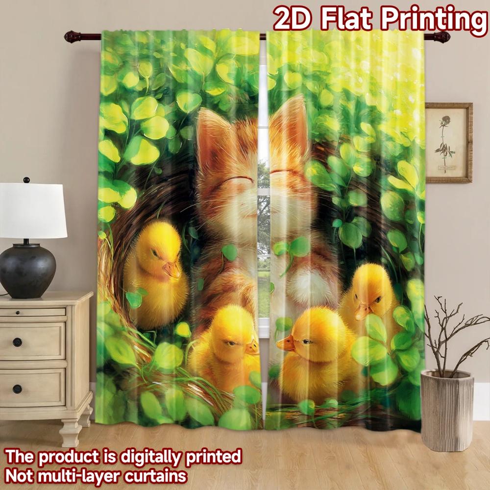 2D flat printing 2pcs Party Curtain Cute Cat Ducks Digital Printed Polyester Drapes Festive Holiday Use for Photo Booths &
