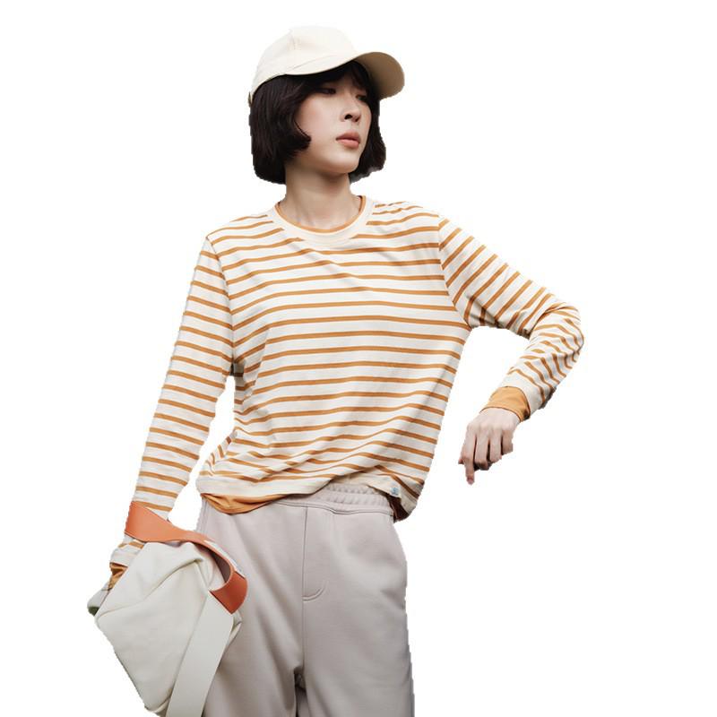 Merino Wool Tencel Striped Two-Piece Casual Long Sleeve T-Shirt