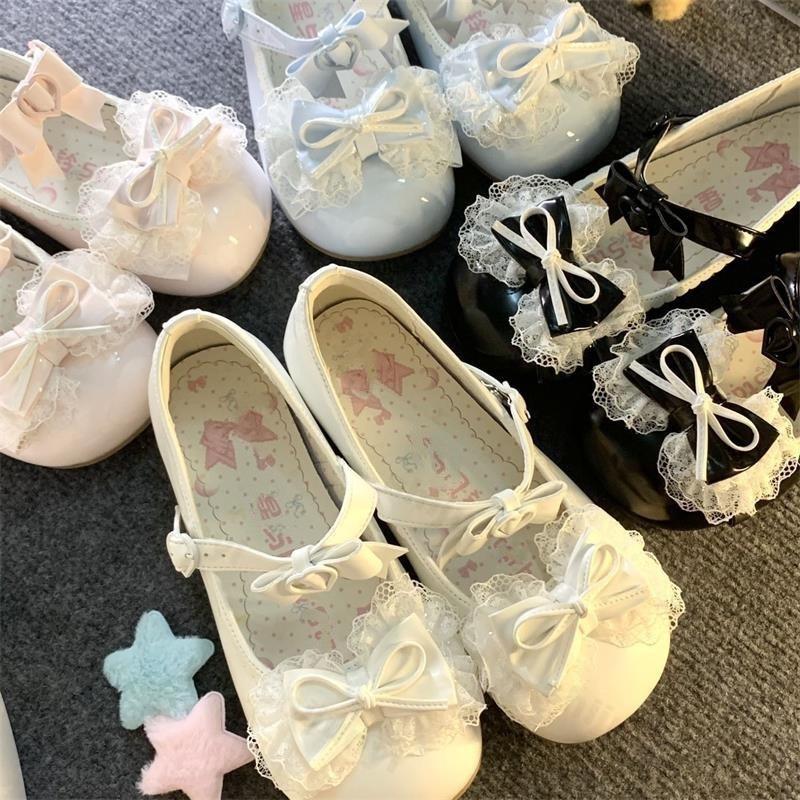 Lace Bow Knot Women's Mary Jane Shoes 2025 New Sweet Ballet Dance Shoes Buckle Strap Comfortable Princess Leather Shoes