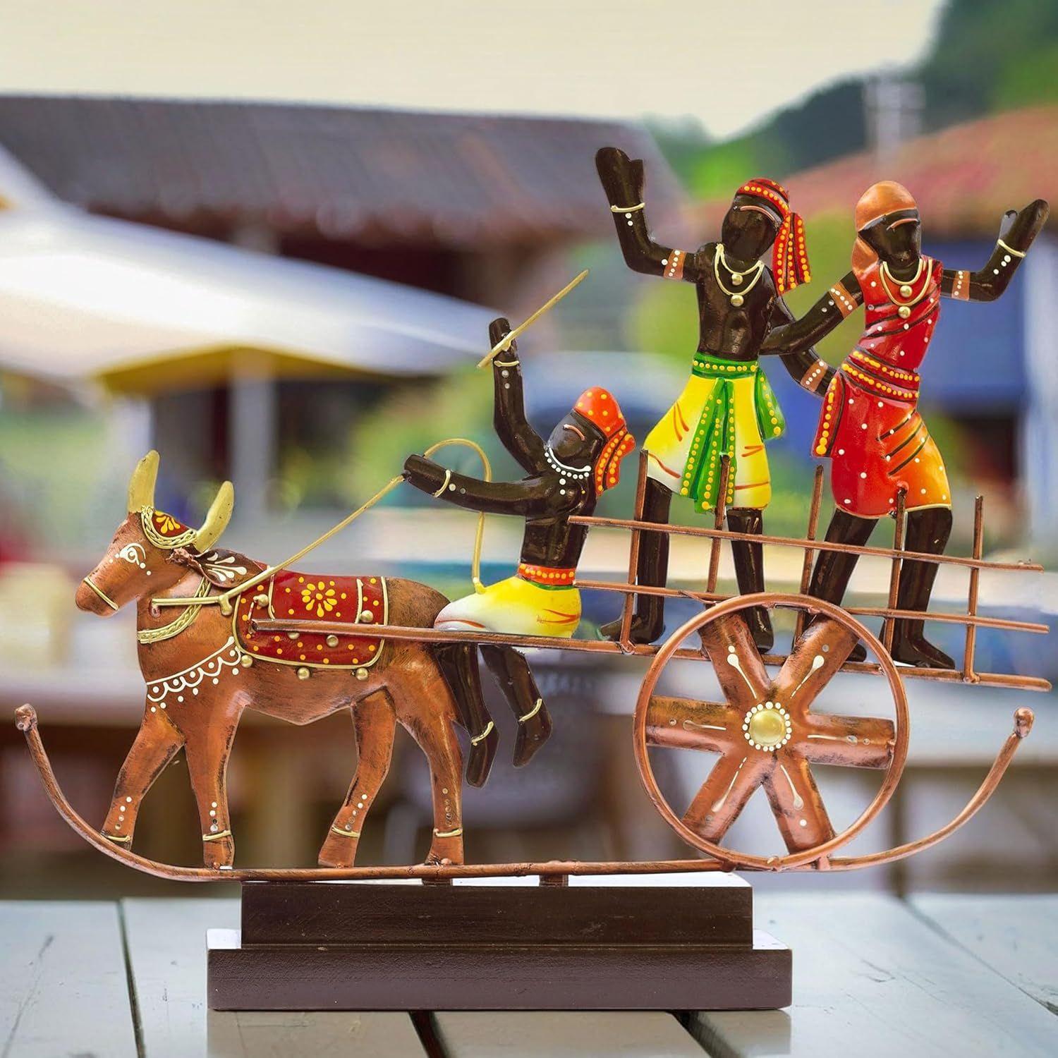 

Handcrafted Ethnic Tribal Bullock Cart Showpiece - 17x12 Inch Tribal Home Décor with Wooden Base for Housewarming