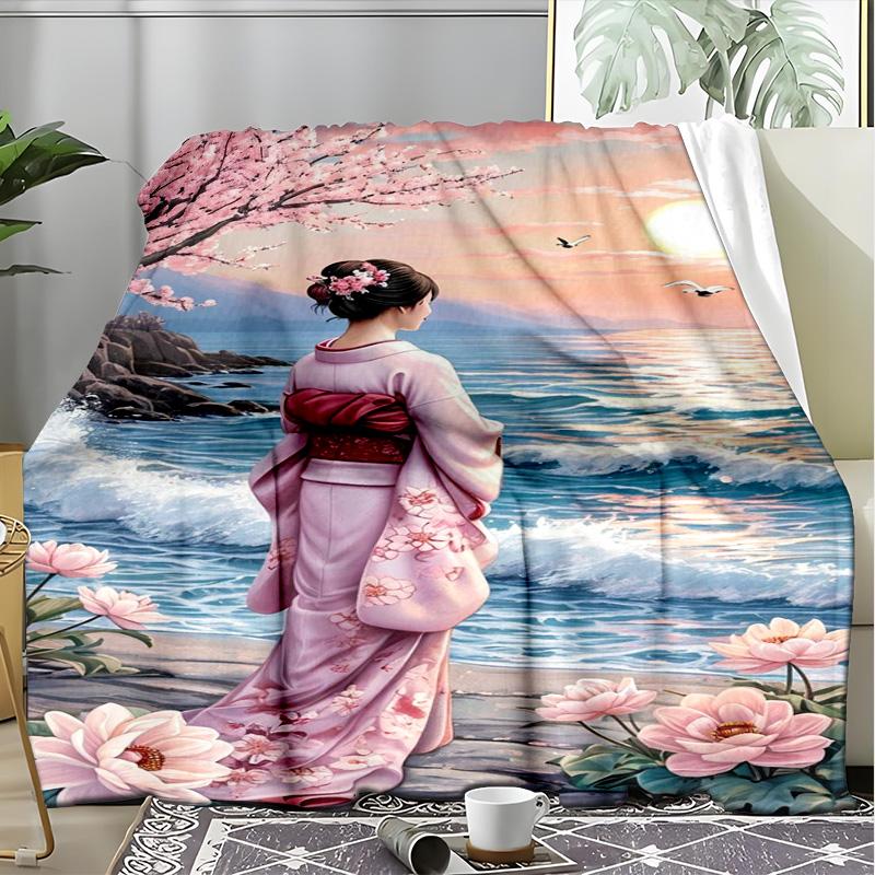 Japanese Kimono Sakura Fleece Blanket, Geisha Throw