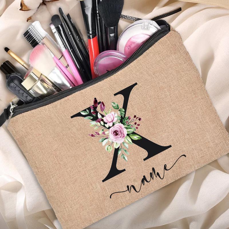 Linen Makeup Bag Customized Personalized Name Cosmetic Bag Bridesmaid Clutch Outdoor Travel Beauty  Bachelor Party Lipstick Bag