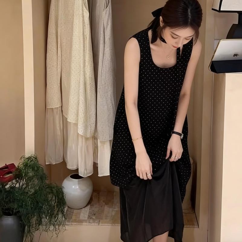 Black Polka Dot Beveled Coffee Break Dress Women's Summer French Design Sense Small Person Unique Super Good-looking Beautiful Dress