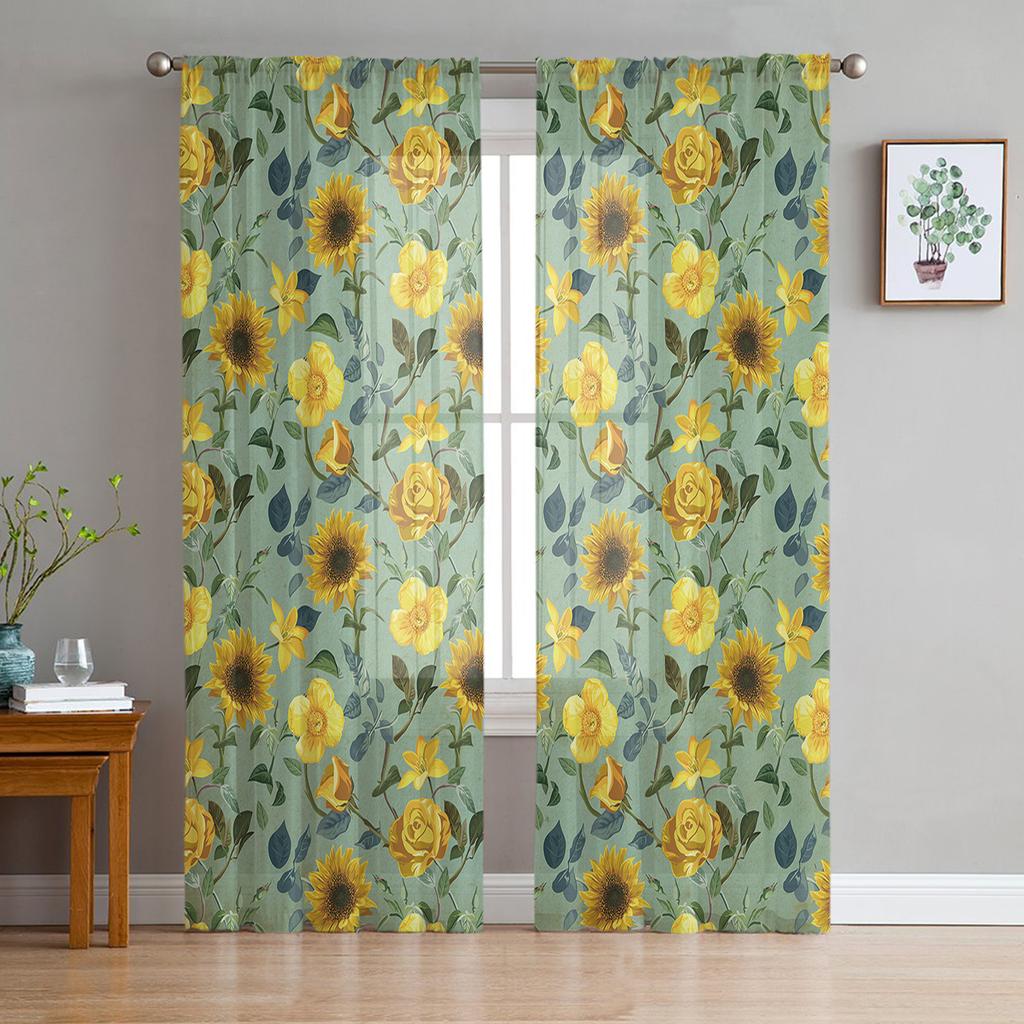 Flowers Bloom Turquoise Plants Roses Tulle Sheer Window Curtains for Living Room Kitchen Children Bedroom Voile Hanging Curtain