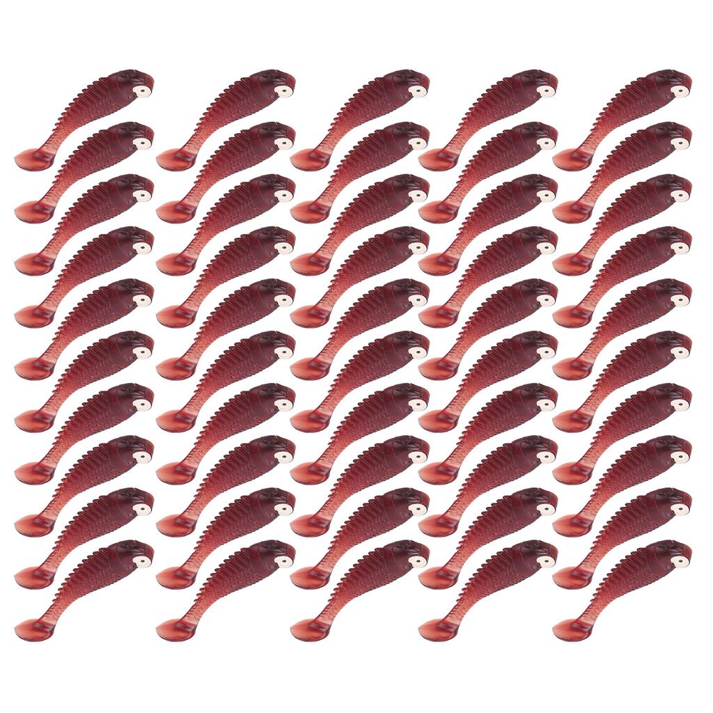 50PcsBag Artificial Fishing Lures Soft Silicone Baits Lifelike Paddle Tail SwimbaitWine Red Color