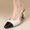 Women's Sandals Summer Shoes 2025 Genuine Leather Elegant Close Toe Block Heels Slingbacks White Beige Shoes Ladies Big Size 45
