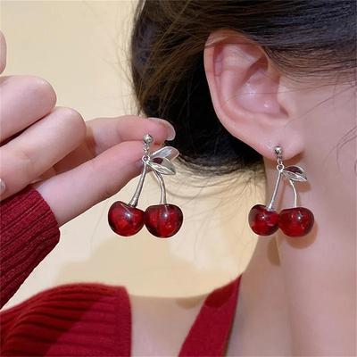Cherry Dangle Earrings Transparent Red Fruit Design Sweet Ear Jewelry Minimalist Style Women's Party Accessories