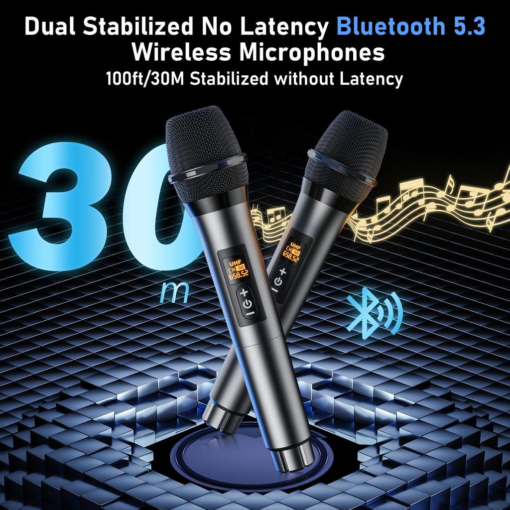 Karaoke-Maschine mit zwei drahtlosen Mikrofonen, tragbarer Bluetooth-Lautsprecher mit Bass-/Höhenregelung, PA-System mit Fernbedienung