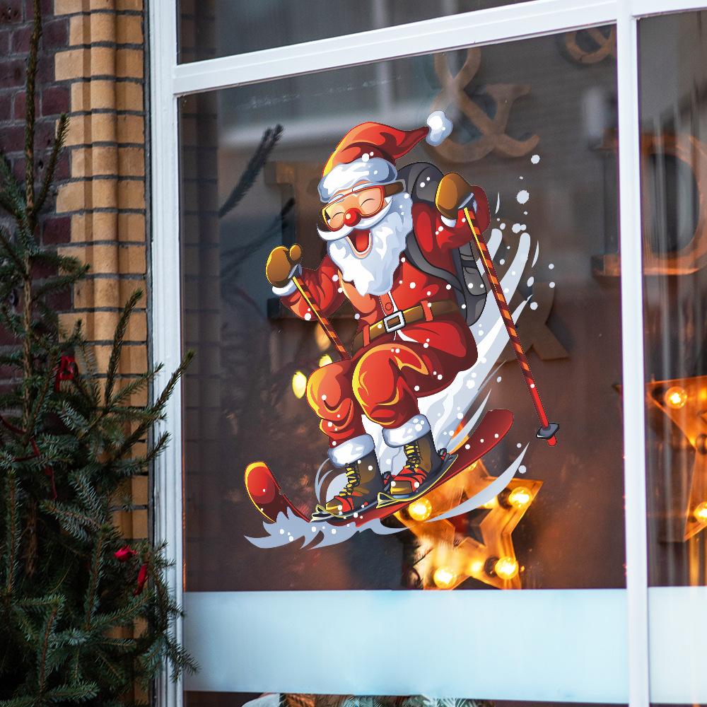 Christmas Ski Santa Claus Glass Window Doors Home Beautification Window Stickers Self-adhesive