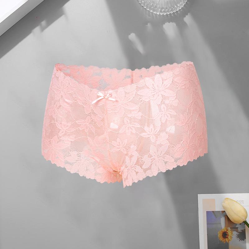 Women‘s Sexy Lace Floral Boxer Shorts Panties Female Solid Color Hollow Out High Waist Boyshort Elastic Perspective Lingerie
