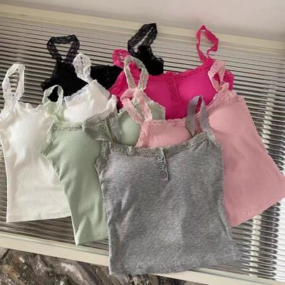 Solid Color Knit Tank Top Vest Women Female Slim Undershirt Sexy Lace Camisole With Chest Pad Crop Tops Sleeveless T Shirt