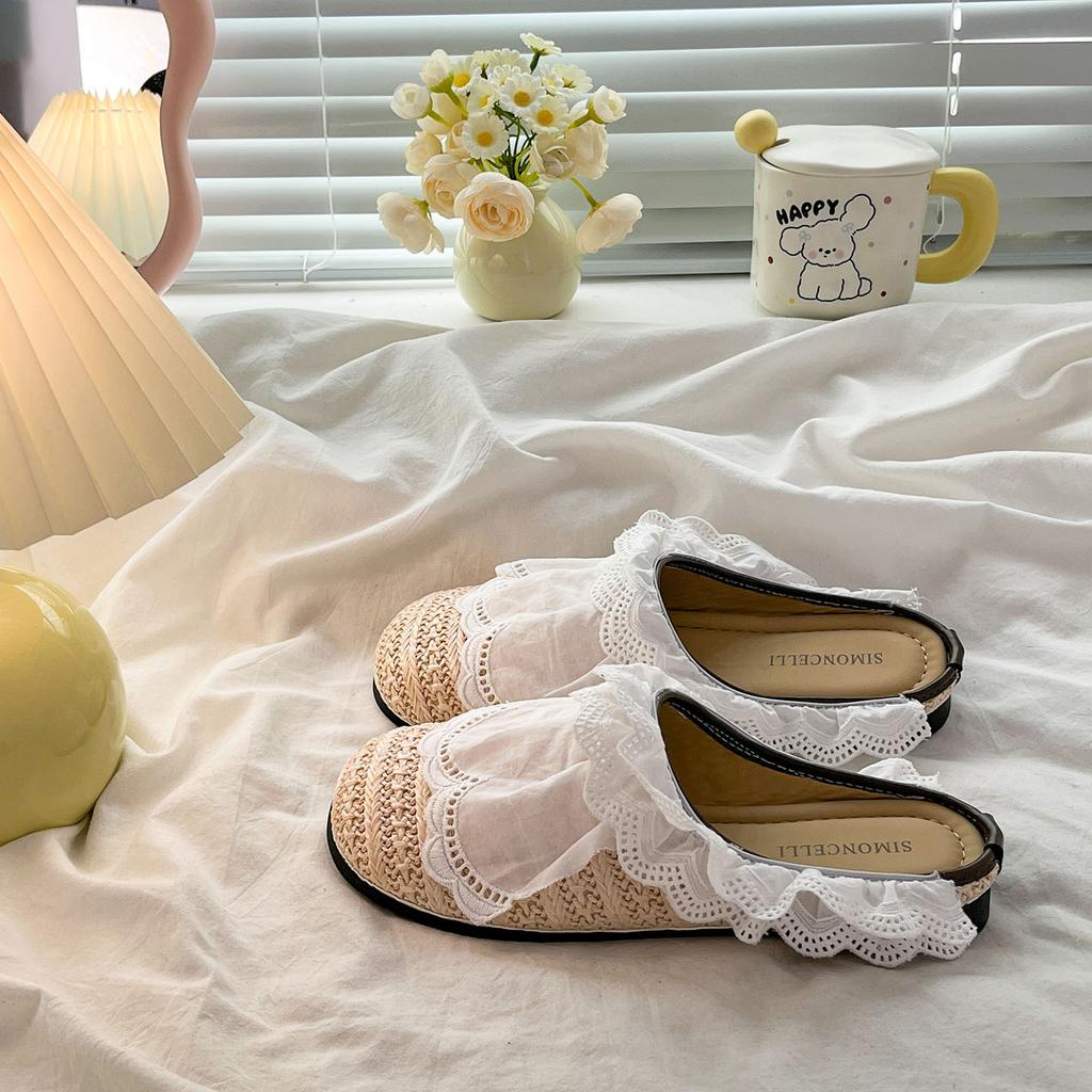 Fashion Women Casual Flats 2025 Summer New Lace Weave Breathable Straw Slippers Outdoor Fashion Bow-knot Comfortable Non Slip Half Drag