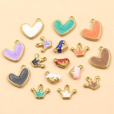 3 Styles DIY Heart Crown Enamel Charms: Stainless Steel Drip Oil Gold Pendants