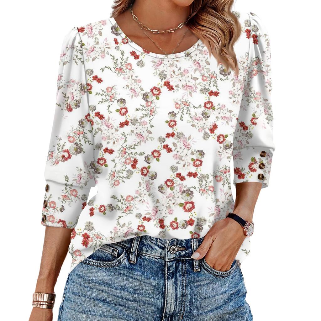 Womens Tops 3/4 Sleeve With Buttons Casual Blouses Summer Outfits Beach Vacation Clothes