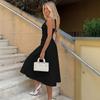Summer New European and American Women's Clothing Temperament Solid Color Square Collar Sleeveless Waist Hanging Neck Strap Backless Dress Women