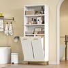 65×32×170 cm, Bathroom Cabinet made of MDF, 3 Open Shelves, Adjustable Shelves, 2 Tilt-Out Laundry Bins, Fluted Lacquered Doors, Gold Handles, White.