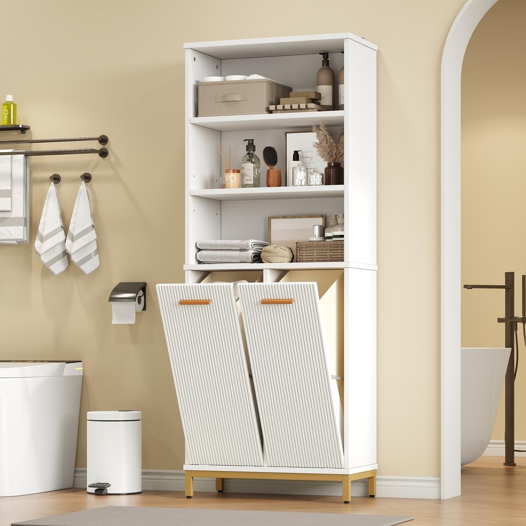 65×32×170 cm, Bathroom Cabinet made of MDF, 3 Open Shelves, Adjustable Shelves, 2 Tilt-Out Laundry Bins, Fluted Lacquered Doors, Gold Handles, White.