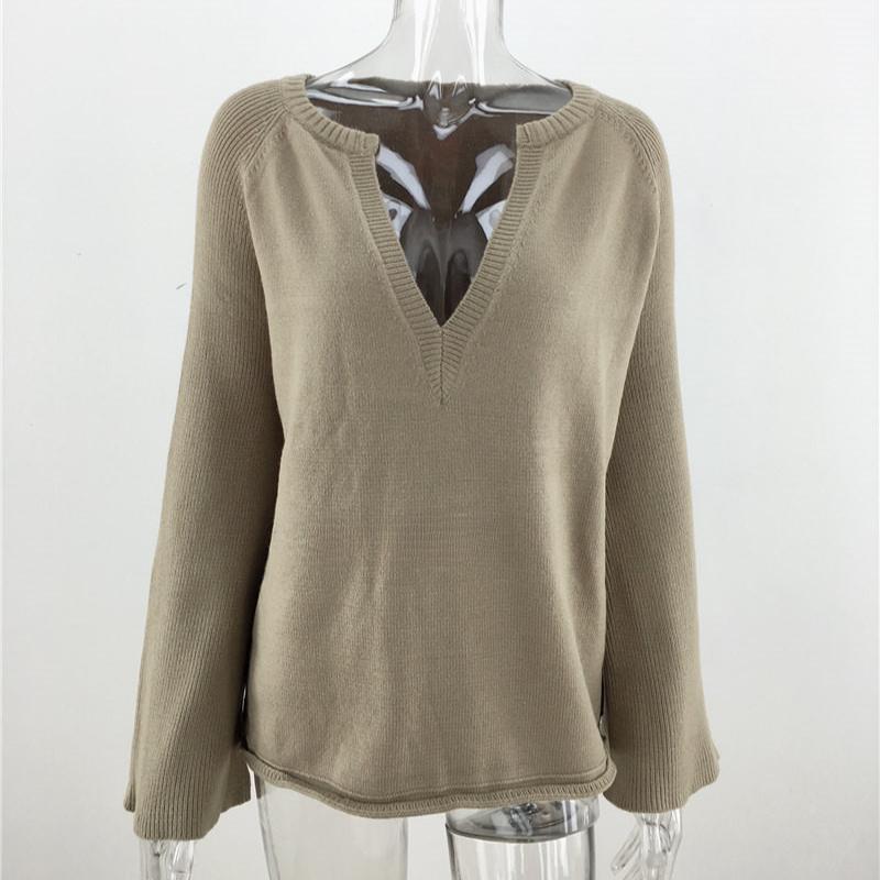 IHUASU Women's Autumn and Winter Solid Colour Pullover Jumper Temperament Commuter V-neck Large Size Loose Knit Sweater