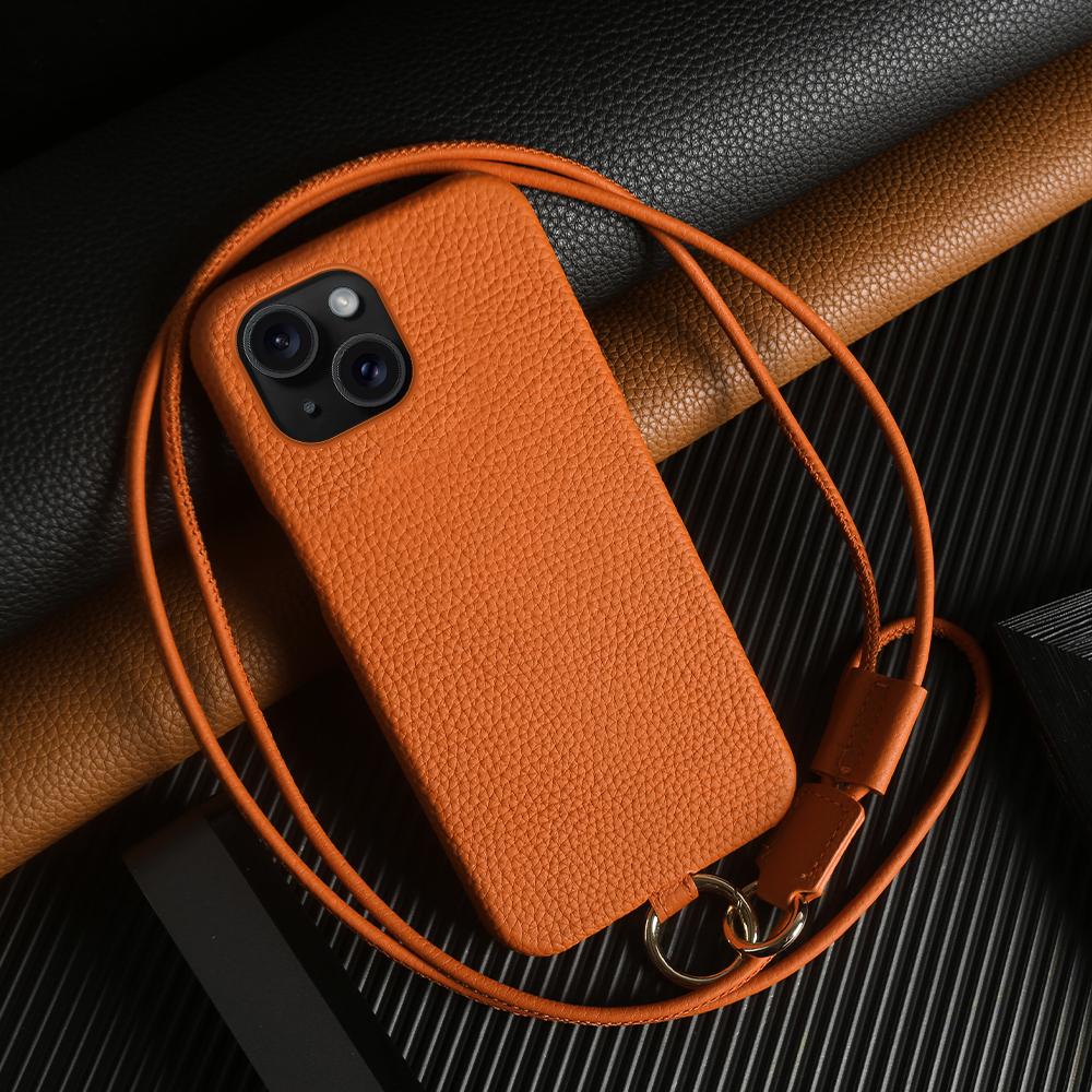 

For iPhone 13 Case with Lanyard Genuine Cow Leather PC Phone Back Cover Orange