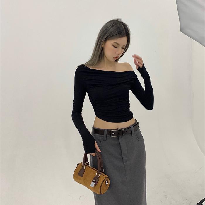 2KWEIRD  Long Sleeve T-shirts Women Autumn Slash Neck Sexy Slim-fit Pleated Hot Girls All-match Off Shoulder Sweet Backless Soft Solid
