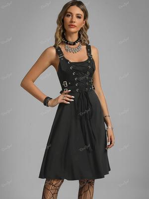 Plus Size Gothic A Line Dress Sleeveless Lace Up Buckles Rosegal