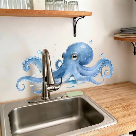 Großer blauer Oktopus Wandaufkleber Meeres Tier Wanddekal Abziehen Und Aufkleben Kunst Wandbild für Badezimmer Küche Wohnzimmer Sommer Wanddekoration