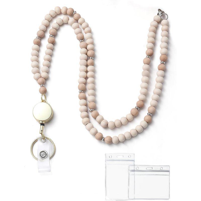 Wooden Beaded Retractable Keyring & ID Card Lanyard