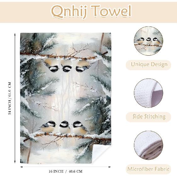 Winter Chickadee Bird Kitchen Towels, Bird Lovers Gifts for Women Men, Rustic Cottagecore Birds Decorative Hand Towels for Bathroom, Winter Kitchen