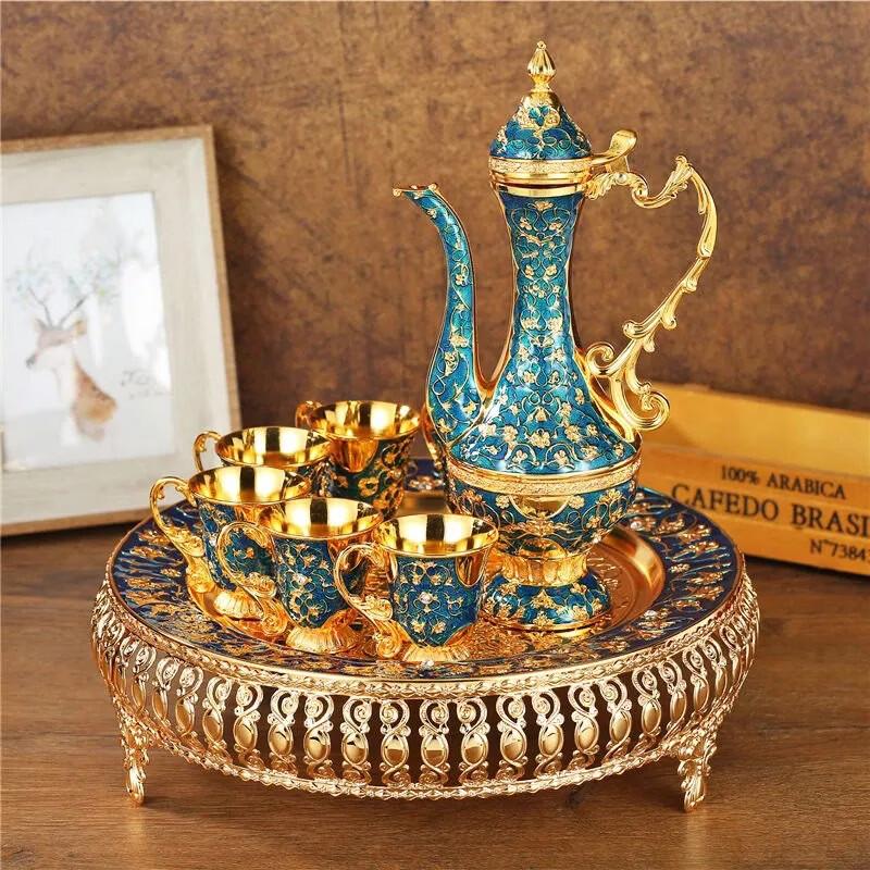 LISM European Style Gold Blue Floral Wooden Sake Wine Set