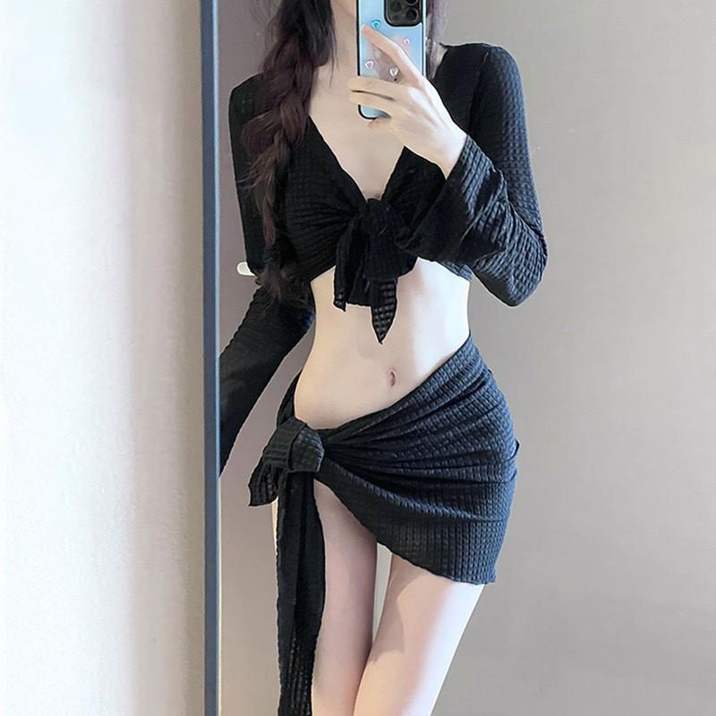 White Moonlight Bikini Split Four-piece Korean Sexy Internet Celebrity Vacation Swimsuit Women s 4XL чёрный