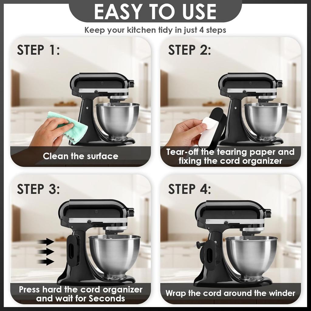 Large Capacity Cord Organizer for Appliances,4 Pack Upgraded Adjustable Kitchen Appliance Cord Holder Wraps Keeper Stick on Mixer,Coffee