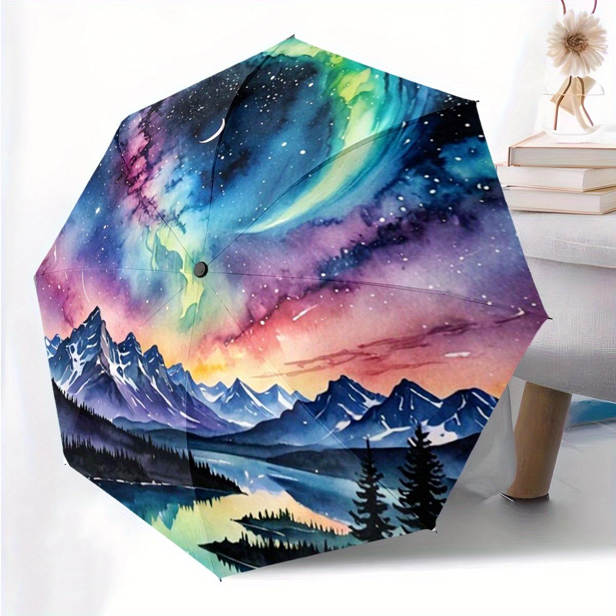 

Watercolor Galaxy Fantasy Landscape Pattern Print 1pc Automatic Folding Umbrella, Portable & Foldable Design with 8 Ribs, Casu (as the picture,Iron&8K)