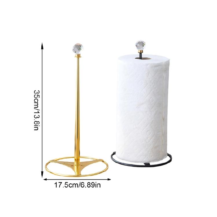 Home Paper Towel Stand with Open Base Design, Metal Tissue Rack and Clear Faceted Accent for Kitchen Counter, Dining Area, and Bath Use