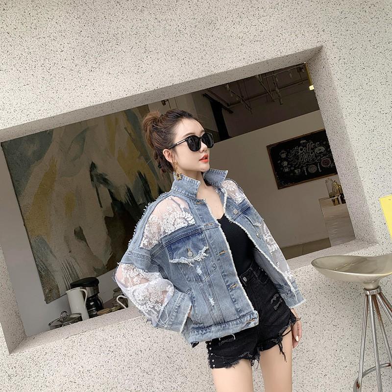Womens Loose Fit Denim Jacket With Lace Trim Sheer Mesh Overlay Embroidery Detail Casual Chic Outerwear
