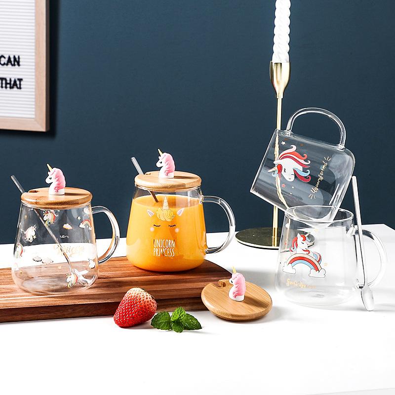 Glass Cup with Lid Spoon Cartoon Unicorn Relief Cute Borosilicate High Temperature Resistant Water Cup Set