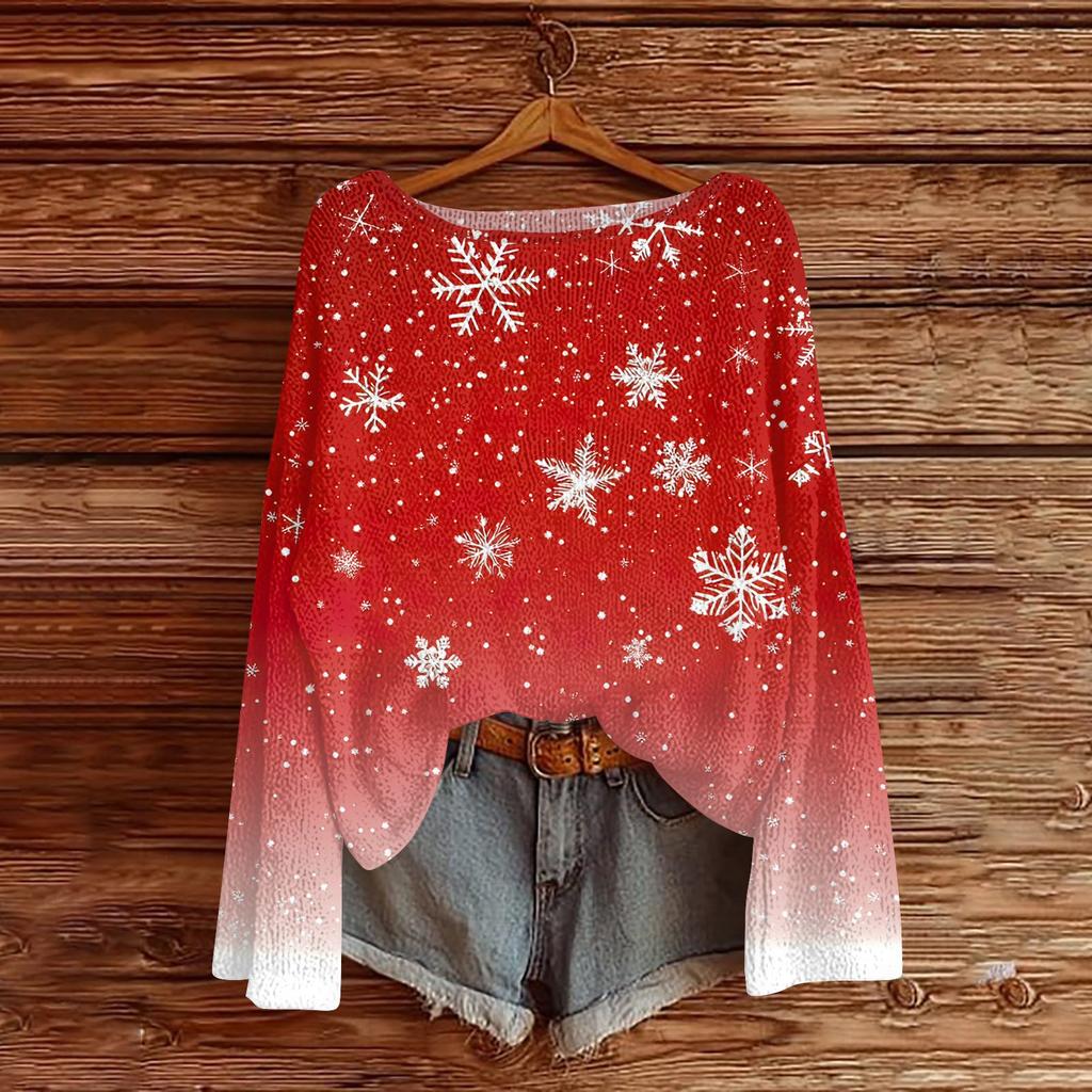 Women's Round Neck Lightweight Sweater Casual Long Sleeve Christmas Print Knit Pullover.