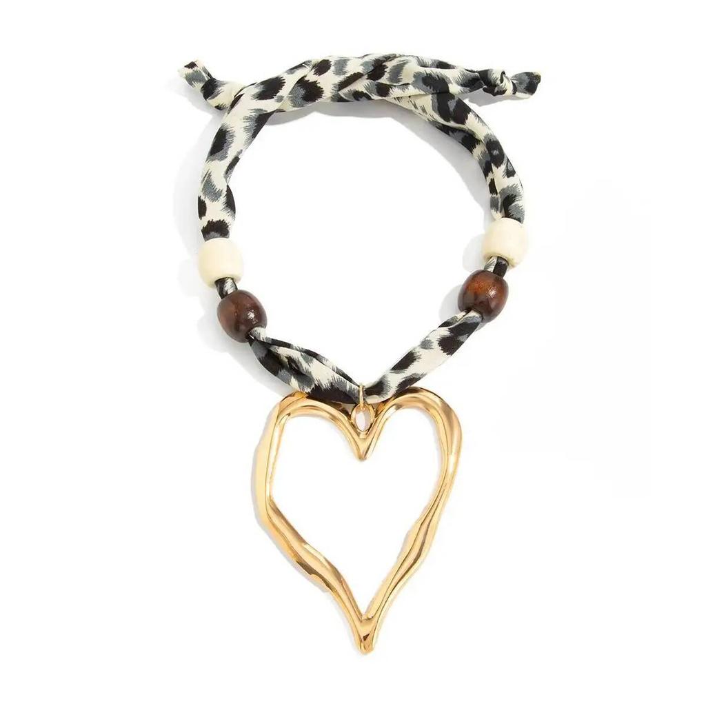 SHIXIN 2 Styles Fashion Hollow Big Love Heart Pendant Necklace for Women Vintage Leopard Chiffon Wood Bead Choker Necklace Gift